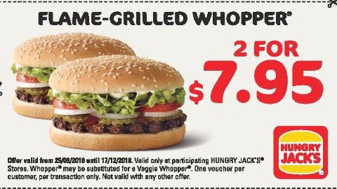 Hungry Jack's 2 X Flamed Grilled Whoppers For $7.95 Deal