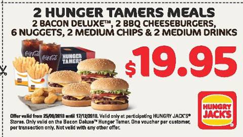 Hungry Jack's 2 X Hunger Tamer Meal Voucher 17 Dec 18