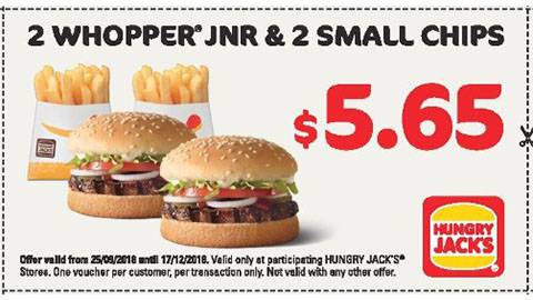 Hungry Jack's 2 X Whipper Jnr And 2 X Small Chips For $5.65