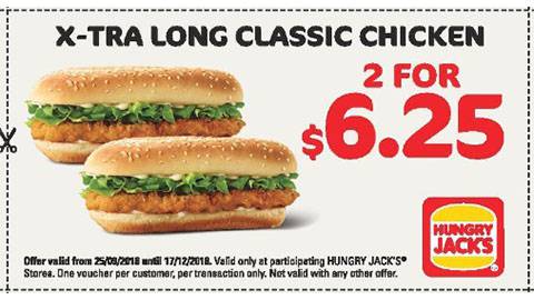 Hungry Jack's 2 X X Tra Long Classic Chicken For $6.25 Voucher