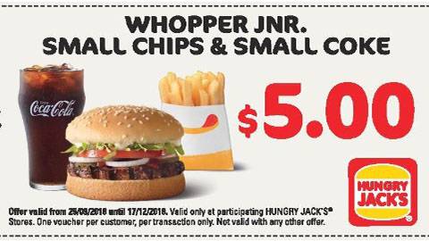 Hungry Jack's Whopper Jnr Meal Deal For $5.00