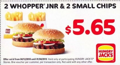 2 Whopper Jnr, 2 Small Chips $5.65 Hungry Jack's Voucher Expires 1 April 2019