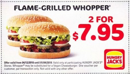 Flame Grilled Whopper 2 For $7.95 Hungry Jack's Voucher Expires 1 April 2019