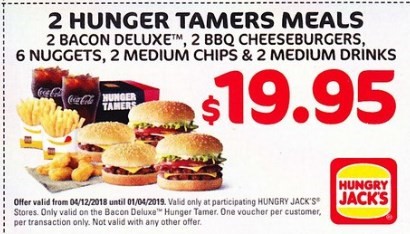 Huger Tamer Meal 2 For $19.95 Hungry Jack's Voucher Expires 1 April 2019