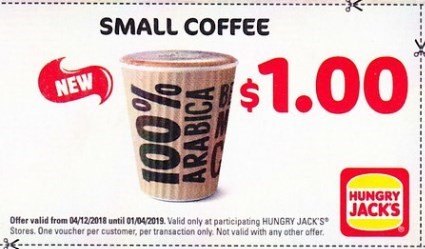 Small Coffee $1.00 Hungry Jack's Voucher Expires 1 April 2019
