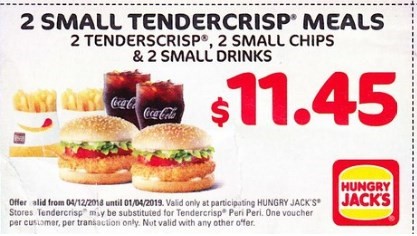 Small Tendercrisp Meal 2 For $11.45 Hungry Jack's Voucher Expires 1 April 2019