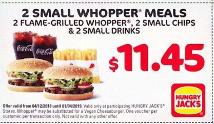 Small Whopper Meal 2 For $11.45 Hungry Jack's Voucher Expires 1 April 2019