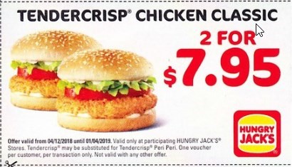 Tendercrisp Chicken Classic 2 For $7.95 Hungry Jack's Voucher Expires 1 April 2019