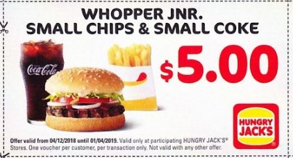 Whopper Jnr, Small Chips, Small Coke $5.00 Hungry Jack's Voucher Expires 1 April 2019