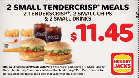 2 For $11.45 Small Tendercrisp Meals Hungry Jacks Vouchers