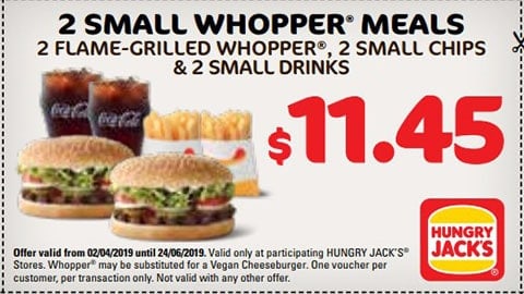2 For $11.45 Small Whopper Meals Hungry Jacks Vouchers