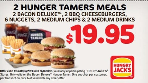 2 For $19.95 Hunger Tamer Meals Hungry Jacks Vouchers