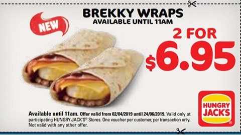 2 For $6.95 Brekky Wraps Hungry Jacks Vouchers