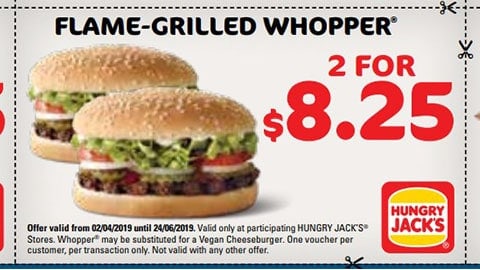 2 For $8.25 Flame Grilled Whopper Hungry Jacks Vouchers