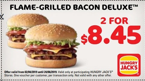 2 For $8.45 Flame Grilled Bacon Deluxe Burgers Hungry Jacks Vouchers