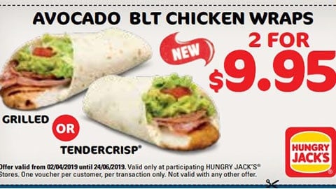 2 For $9.95 Avocado Blt Chicken Wraps Hungry Jacks Vouchers