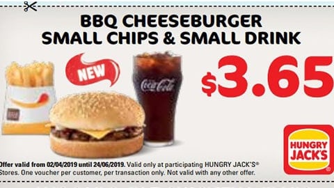 $3.65 Bbq Cheeseburger Small Chips & Drink Hungry Jacks Vouchers