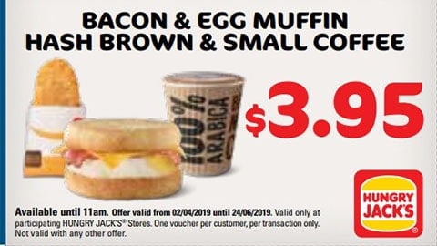 $3.95 Bacon & Egg Muffin Hashbrown & Coffee Hungry Jacks Vouchers