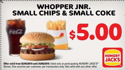 $5.00 Whopper Jnr. Small Chips & Drink Hungry Jacks Vouchers
