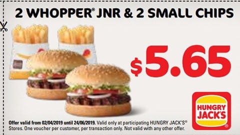 $5.65 For 2 Whopper Jnr. & 2 Small Chips Hungry Jacks Vouchers